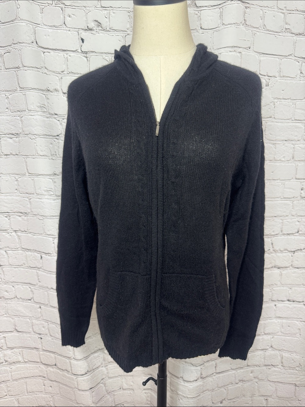 Apt. 9 100% Cashmere Cable Knit Zip-Up Hoodie Cardigan Black Size L